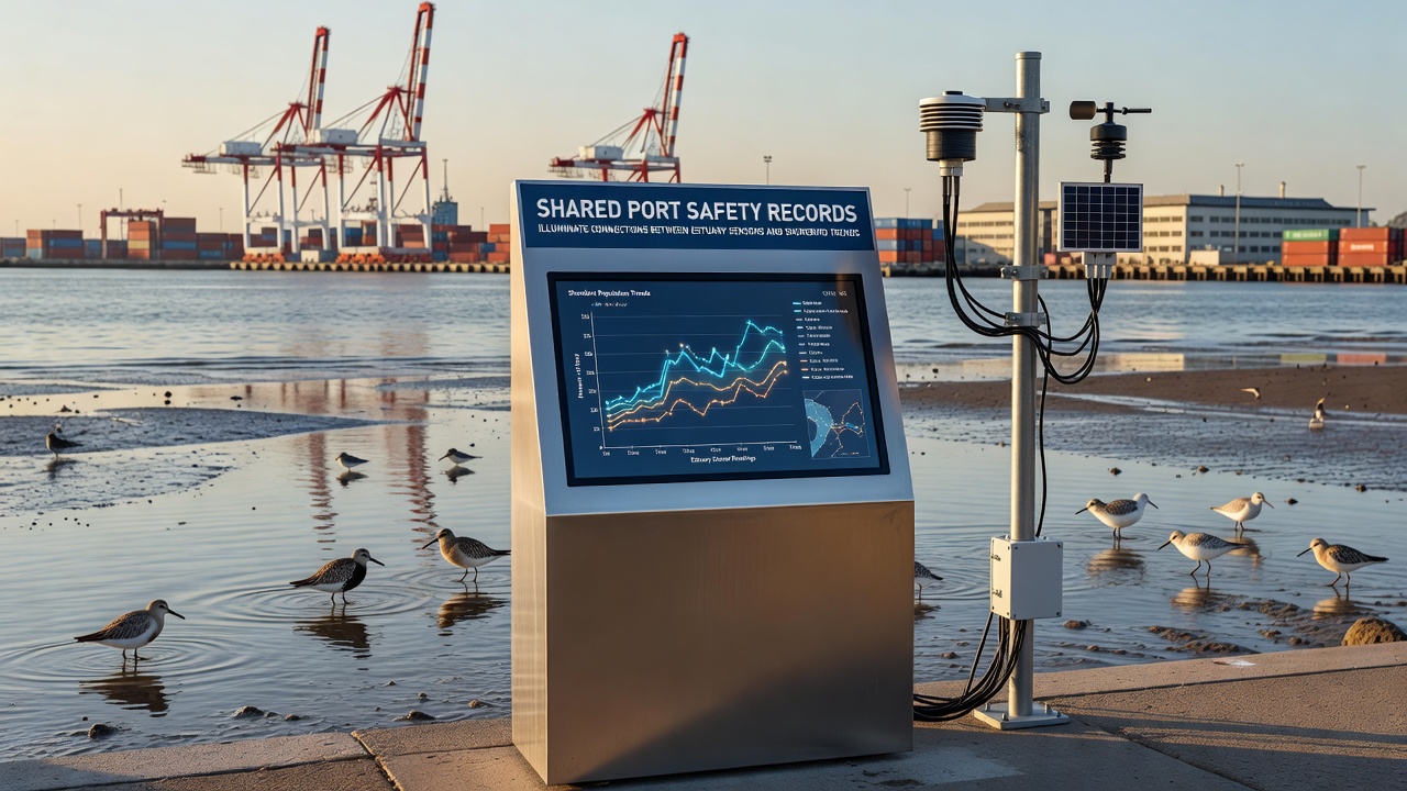 Shorebirds feeding along an estuary shoreline with port infrastructure visible in the distance